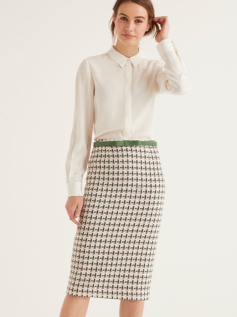 Boden Clara Pink, Green, and White Houndstooth lined pencil skirt
